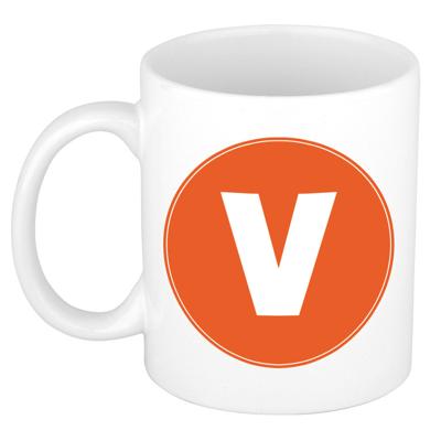 Koffie mok met de letter V - beker - oranje - eerste letter van een voornaam - wit - 300 ml Koffie mok met de letter V - beker - oranje - eerste letter van een voornaam - wit - 300 ml