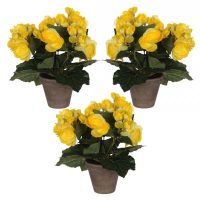 Mica Decoration Kunstplant - 3x stuks - begonia - geel - in pot - 25 cm - nepplanten