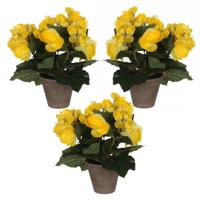 Mica Decoration Kunstplant - 3x stuks - begonia - geel - in pot - 25 cm - nepplanten