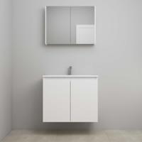 On-Line Badkamermeubelset - 80 cm - Bouwpakket - Greeploos 2 Deuren - Acryl Wastafel - 1 Kraangat - Spiegelkast - Mat Wit