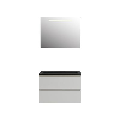 Badkamermeubel BWS Pepper Acryl Wastafel Mat Zwart Incl Spiegel Met LED Verlichting Zonder Kraangat 80x55x46 cm Wit