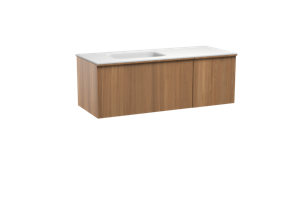 Balmani Forma zwevend badmeubel 135 x 55 cm teakhout met Tablo Arcato asymmetrisch linkse wastafel in solid surface mat wit, Verticale symmetrische rechte ribbel