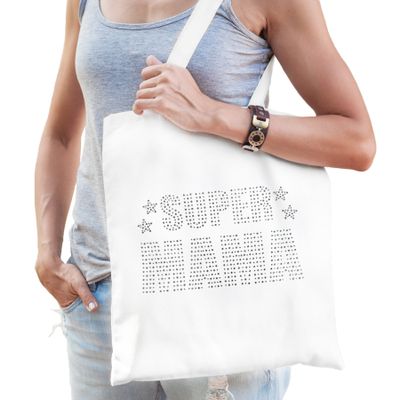 Glitter Super Mama katoenen tas wit rhinestones steentjes voor dames - Moederdag