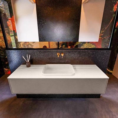 Badkamermeubelset Mondiaz Erin 150 cm met 1 Lade met RIDGE Wastafel Midden Linen Zonder Kraangaten Greeploos Mat Smoke