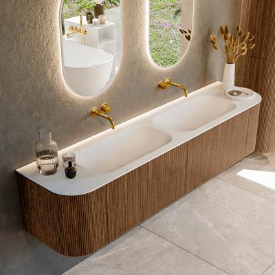 Mondiaz KURVE 190 cm Onderkast Greeploos 2 Lades Met Deuren Walnut, Wastafel Solid Surface Dubbel Talc 0 Kraangaten Zonder Spiegel (KRVBGS190L+R2L2D0KD-Wal/Tal)