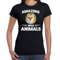 T-shirt vossen amazing wild animals / dieren zwart voor dames