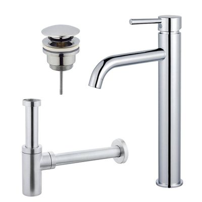 Fortifura Calvi Wastafelkraanset - verhoogde wastafelkraan - klikwaste plug - design sifon - Chroom SW377811/SW696203/SW696214