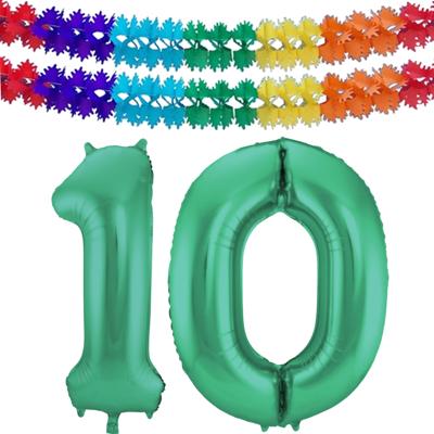 Leeftijd folie ballonnen - Leeftijd cijfer 10 - groen - 86 cm - en 2x feestslingers gekleurd