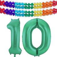 Leeftijd folie ballonnen - Leeftijd cijfer 10 - groen - 86 cm - en 2x feestslingers gekleurd