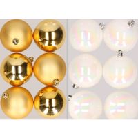 12x stuks kunststof kerstballen mix van goud en parelmoer wit 8 cm   -