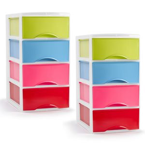 Ladeblokje/bureau organizer - 2x - 4 lades - multi kleuren - L26 x B36 x H49 cm - plastic