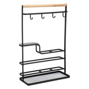 Keuken organizer Blackwood - 4 haakjes - 29 x 12 x 44 cm - zwart/bruin - mesh metaal - keukenrek