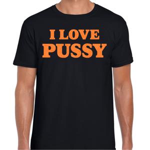 Foute party t-shirt heren - I love Pussy - zwart - glitter oranje - carnaval/themafeest