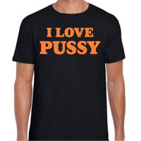 Foute party t-shirt heren - I love Pussy - zwart - glitter oranje - carnaval/themafeest - thumbnail