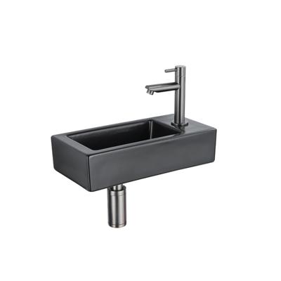 QeramiQ Fuente Fonteinset - 37.5x18.5x9cm - keramiek - kraangat rechts - fonteinkraan gunmetal - afvoerplug - verlaagd sifon - Mat Zwart SW1122447/SW769487/SW767295/SW696239