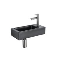 QeramiQ Fuente Fonteinset - 37.5x18.5x9cm - keramiek - kraangat rechts - fonteinkraan gunmetal - afvoerplug - verlaagd sifon - Mat Zwart SW1122447/SW769487/SW767295/SW696239