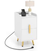 Nachtkastje met 3 Stopcontact Bank Bijzettafel met 2 Uittrekbare Laden 1 Kabelkanaal 2 USB-Poorten Opstaande Randen 40 x 32 x 60 cm