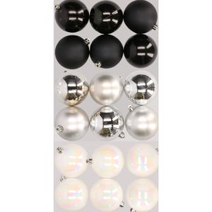 18x stuks kunststof kerstballen mix van zwart, parelmoer wit en zilver 8 cm   -