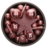 Set van 33x stuks kunststof kerstballen met ster piek oudroze (velvet pink) mix - Kerstbal - thumbnail