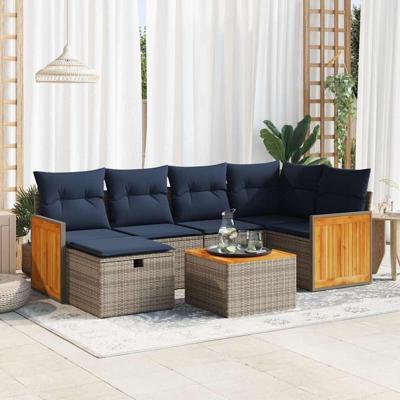 7-delige Loungeset met kussens poly rattan grijs