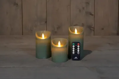 Anna&apos;s Collection LED kaars flame effect rustiek set 7.5 cm jade groen 3 stuks