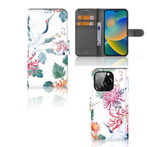 iPhone 14 Pro Telefoonhoesje met Pasjes Bird Flowers