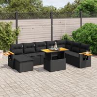 9-delige Loungeset met kussens poly rattan zwart
