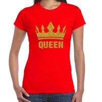 Koningsdag T-shirt voor dames - Queen - glitter goud - rood - feestkleding