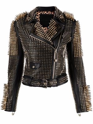 Philipp Plein veste de moto en cuir cloutée - Noir