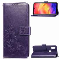 Lucky Clover ingedrukt bloemen patroon lederen draagtas voor Xiaomi Redmi opmerking 7 met houder & kaartsleuven & portemonnee & hand strap (paars)