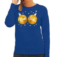 Foute kersttrui - sweater - blauw - met gouden Kerst Ballen borsten - voor dames - kerstkleding