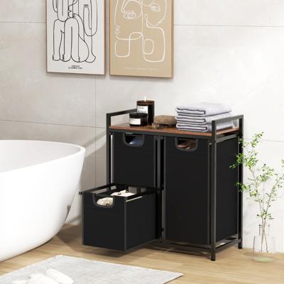 Wasmand Wasverzamelaar met Plank 75 L Wassorteerder met 3 Afneembare Vakken en Metalen Frame voor Bijkeuken Badkamer 3 Vakken