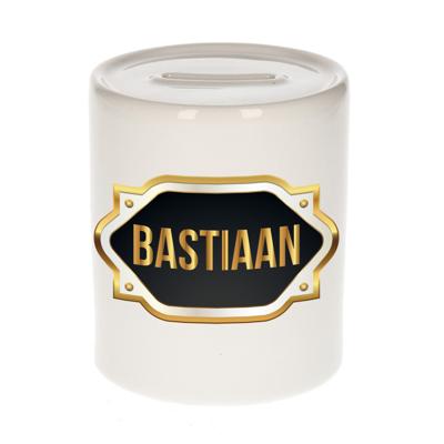 Spaarpot met voornaam Bastiaan - wit - goud/zwart embleem - 8 x 9 cm - keramiek - afsluitdop