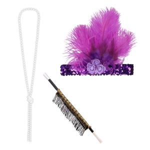 Carnaval verkleed accessoire set - sigarettenhouder/parelketting/hoofdband - charleston/jaren 20