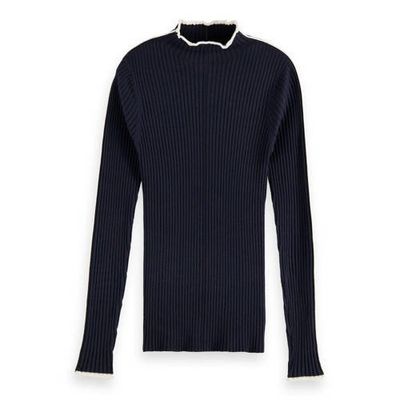 Scotch & Soda ribgebreide trui met contrastbies donkerblauw
