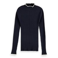 Scotch & Soda ribgebreide trui met contrastbies donkerblauw - thumbnail