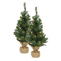 Bellatio Decorations mini kerstboom - 2x - H45 cm - met kerstverlichting - jute zak