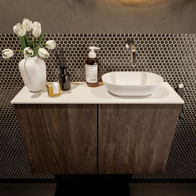 Mondiaz Fowy toiletmeubel 80cm dark brown met blad en waskom talc rechts zonder kraangat