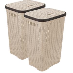 Wasmand met deksel Rotan - 2x - beige - gevlochten kunststof - 60 liter - 34 x 43 x 62 cm