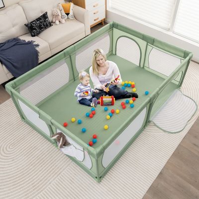 Babybox met 50 Ballen en 2 Deuren Box met Ademend Net en Ritssluiting Box voor Zuigelingen en Peuters 206 x 147 cm (Groen met Matras)