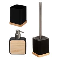 Badkamer/toilet accessoires set 3-delig - zwart - bamboe - WC-borstel/tandenborstelhouder/zeeppompje - Badkameraccessoir - thumbnail