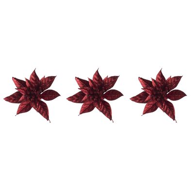 6x stuks decoratie bloemen kerstster rood glitter op clip 15 cm