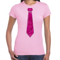 Verkleed t-shirt voor dames - stropdas roze - pailletten - licht roze - carnaval - foute party