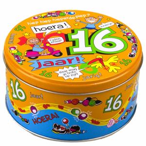 Thema snoeptrommel/koektrommel - 16 jaar - 14 x 8 cm - verjaardag cadeau - jarig