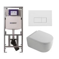 QeramiQ Dely Swirl Toiletset - 36.3x51.7cm - Geberit UP320 inbouwreservoir - met Burda frame - 35mm zitting - mat witte metalen bedieningsplaat - rechthoekige knoppen - wit glans 0701131/SW706191/SW1000767/SW1026256