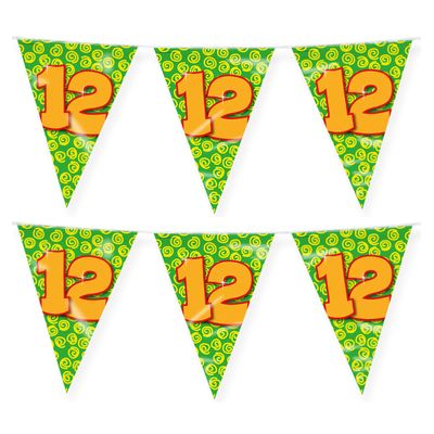 Verjaardag 12 jaar thema vlaggetjes - 2x - feestversiering - 10m - folie - dubbelzijdig