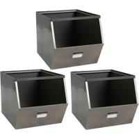Urban Living Stapelbare opbergmand - 3x - Open Metal Box - 23 x 32 x 21 cm - metaal - donkergrijs