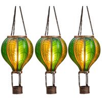 Solar luchtballon lantaarn - 3x - groen - hangend - 20 led lampjes - vlam effect - 14 x 45 cm