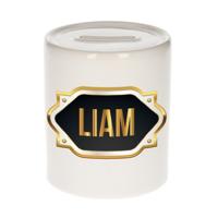 Spaarpot met voornaam Liam - wit - goud/zwart embleem - 8 x 9 cm - keramiek - afsluitdop