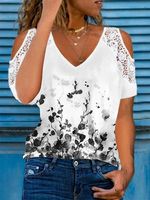 Holiday floral print stitched lace wide truffle shoulder top T-shirt - thumbnail